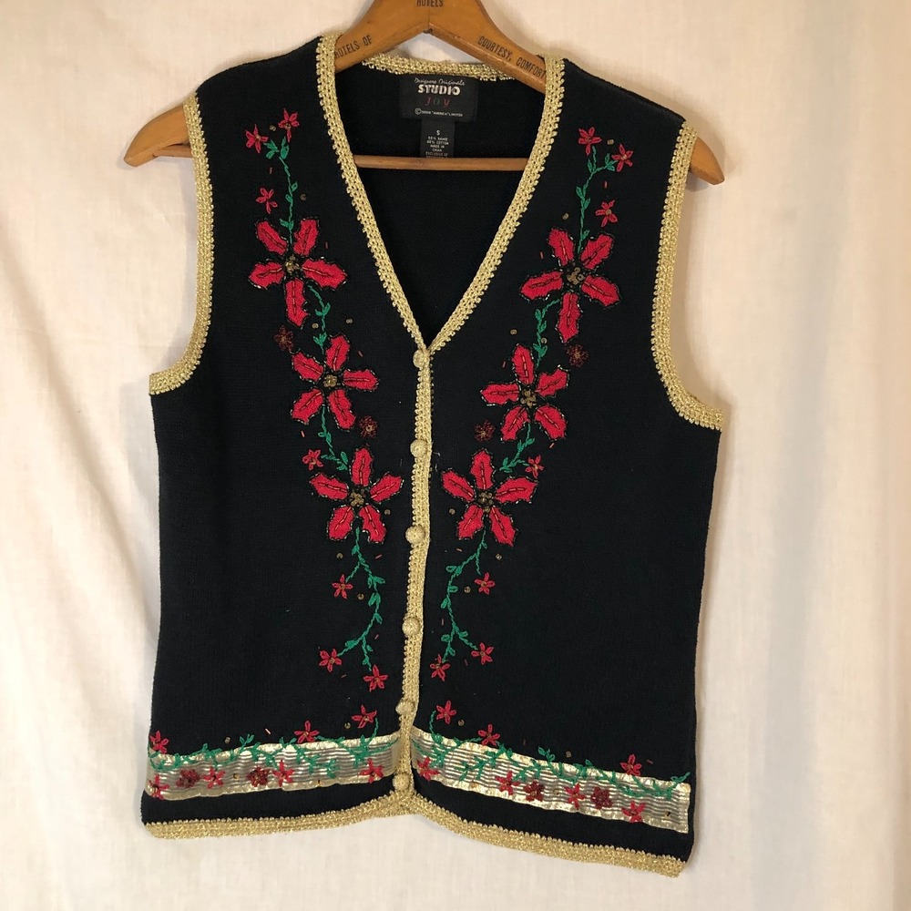 Vintage Womens Small Christmas Sweater Vest Designers Originals Studio Knit
